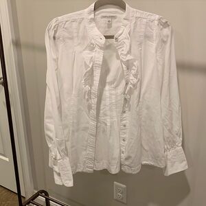 Banana Republic Formal White Blouse, Ruffled Collar Long Sleeve Vertical Darts